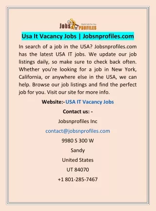 Usa It Vacancy Jobs | Jobsnprofiles.com