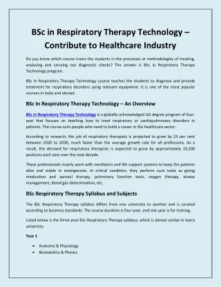 BSc in Respiratory Therapy Technology – Contribute to Healthcare Industry