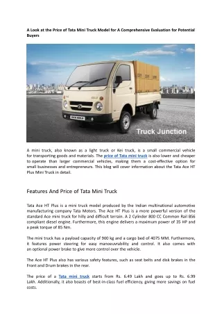 A Look at the Price of Tata Mini Truck Model for A Comprehensive Evaluation for Potential Buyers