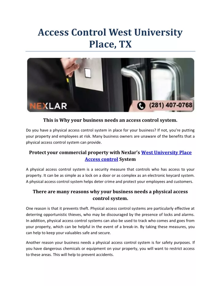 access control west university place tx