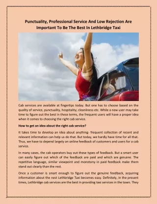 Punctuality Professional Service And Low Rejection Are Important To Be The Best In Lethbridge Taxi