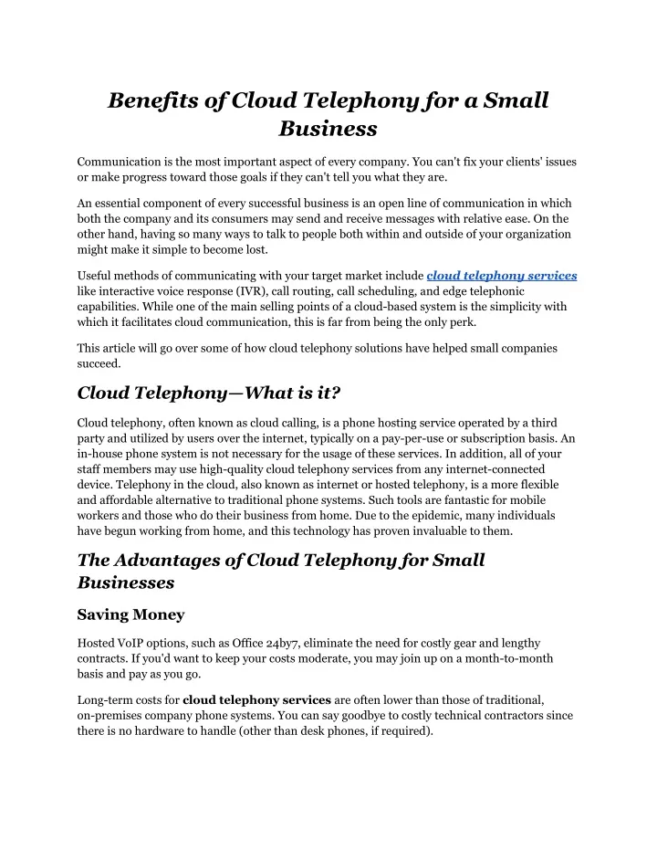 benefits of cloud telephony for a small business