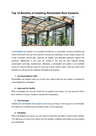Top 10 Benefits of Installing Retractable Roof Systems