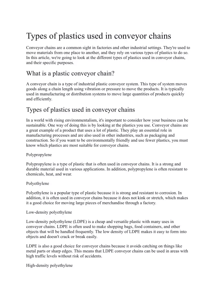 types of plastics used in conveyor chains