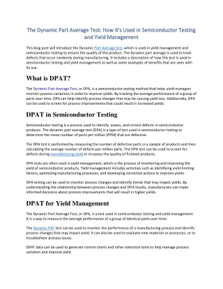 The Dynamic Part Average Test How It's Used in Semiconductor Testing and Yield Management