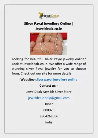 Silver Payal Jewellery Online | Jeweldealz.co.in