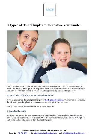 8 Types of Dental Implants  to Restore Your Smile PDF File- JAN 2023- Simcoe family dentistry