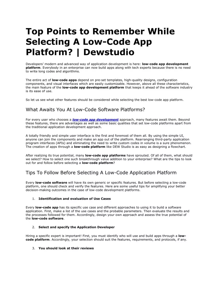 top points to remember while selecting a low code