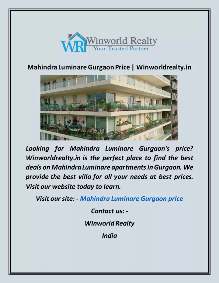 mahindra luminare gurgaon price winworldrealty in