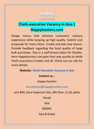 Chefs-executive Vacancy in Goa | Happyhunterz.com
