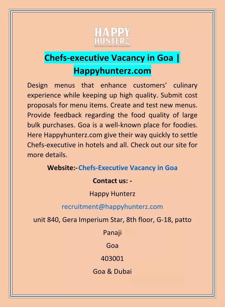 chefs executive vacancy in goa happyhunterz com