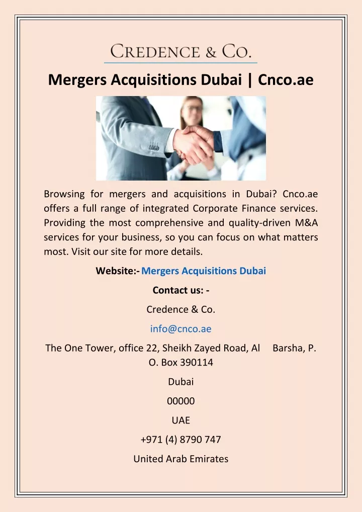 mergers acquisitions dubai cnco ae