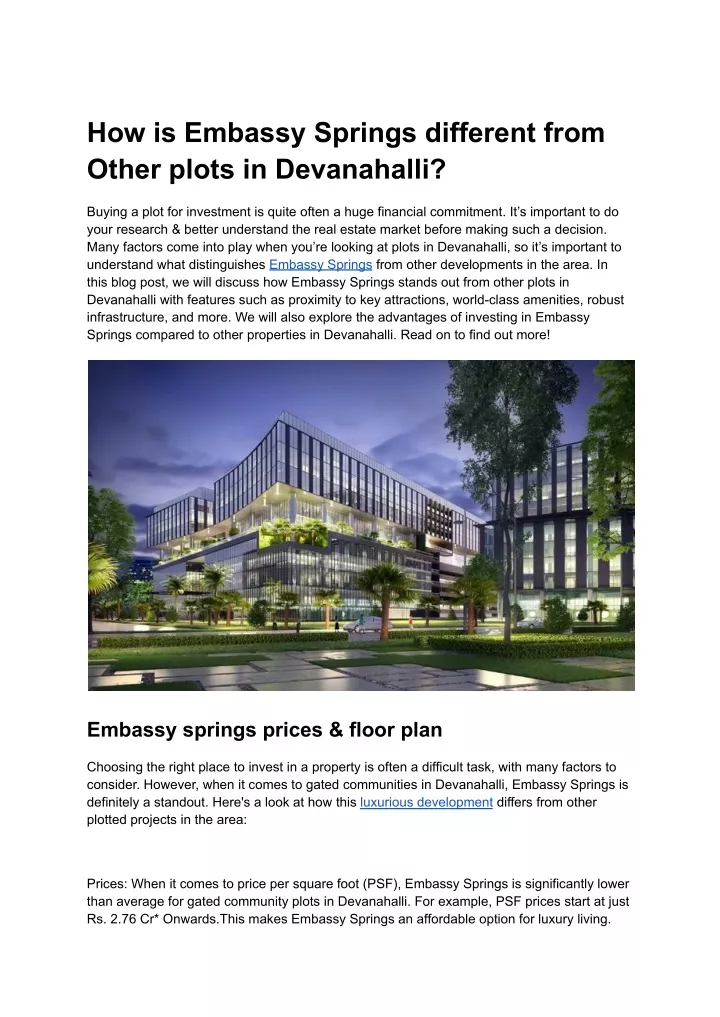 how is embassy springs different from other plots