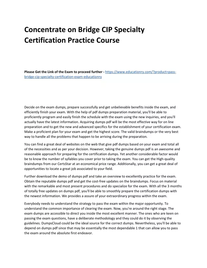 concentrate on bridge cip specialty certification