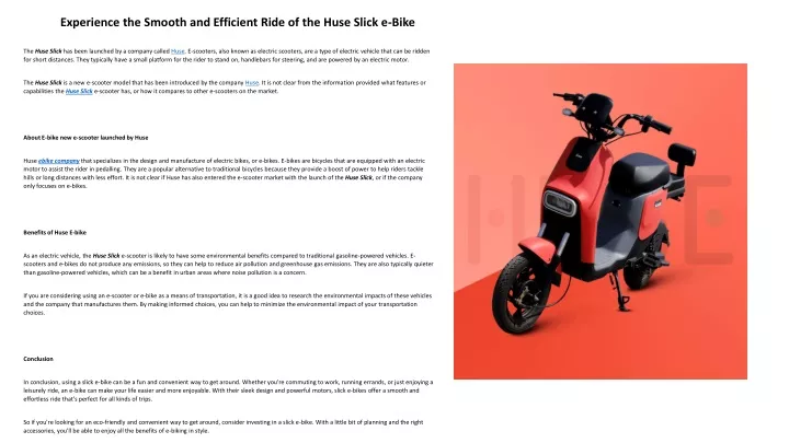 experience the smooth and efficient ride of the huse slick e bike