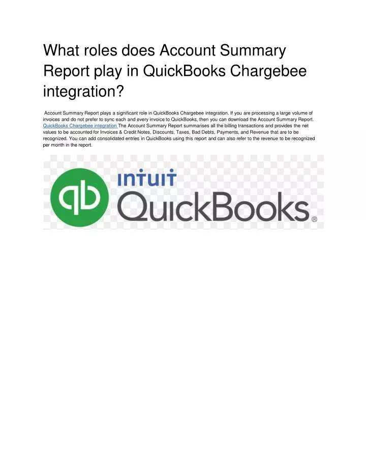 what roles does account summary report play in quickbooks chargebee integration