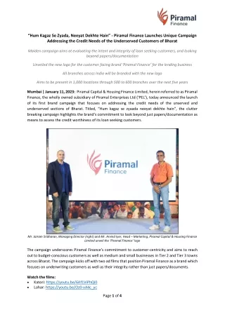 Piramal Finance Launches Unique Campaign Addressing the Credit Needs