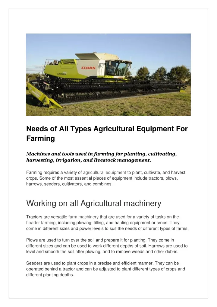 needs of all types agricultural equipment