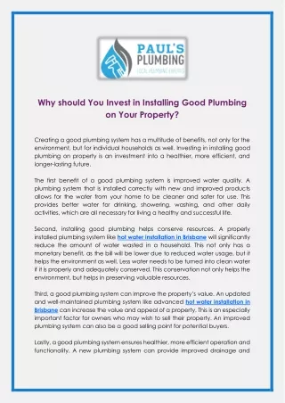 Why should You Invest in Installing Good Plumbing on Your Property