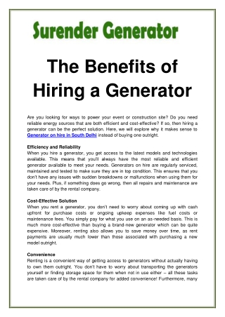 the benefits of hiring a generator