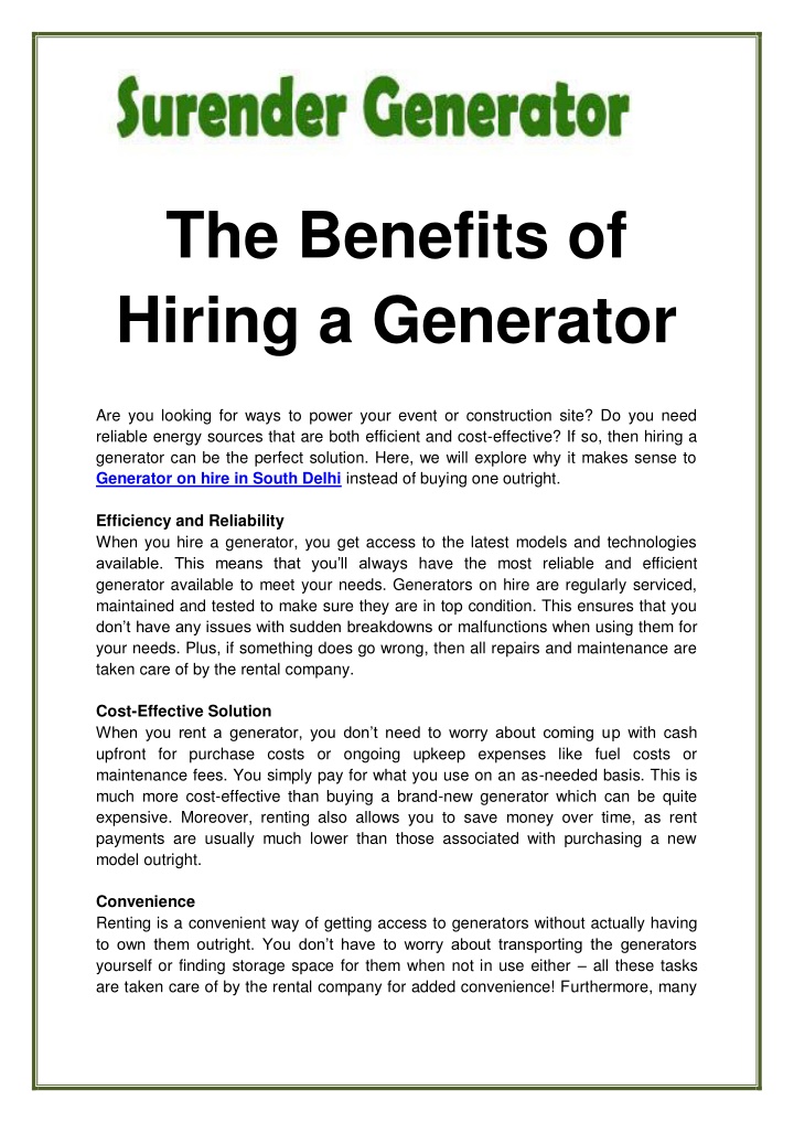 the benefits of hiring a generator