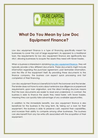 What Do You Mean by Low Doc Equipment Finance