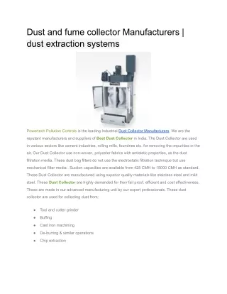 Dust and fume collector Manufacturers | dust extraction systems