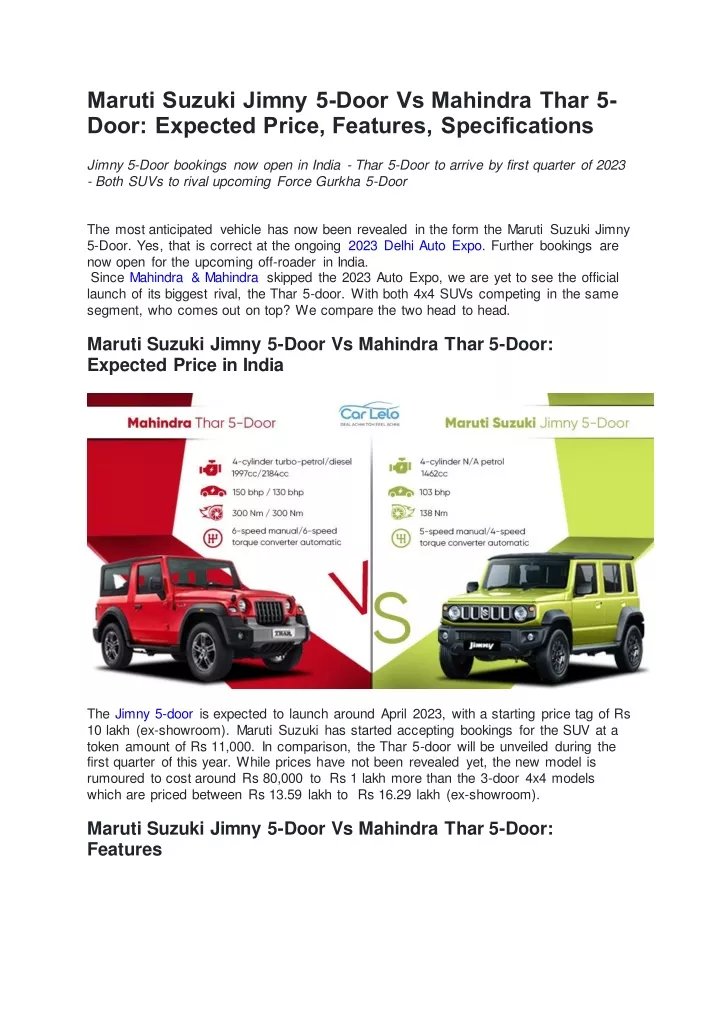 maruti suzuki jimny 5 door vs mahindra thar