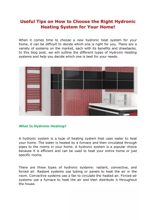 Useful Tips on How to Choose the Right Hydronic Heating System for Your Home!