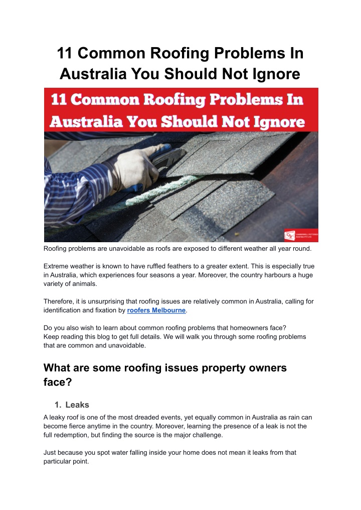 11 common roofing problems in australia