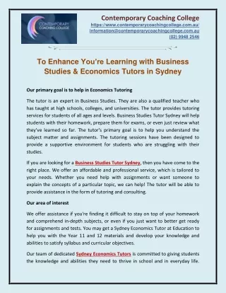 To Enhance You’re Learning with Business Studies & Economics Tutors in Sydney