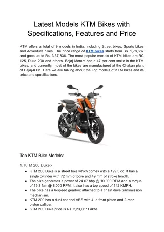 Latest Models KTM Bikes with Specifications, Features and Price