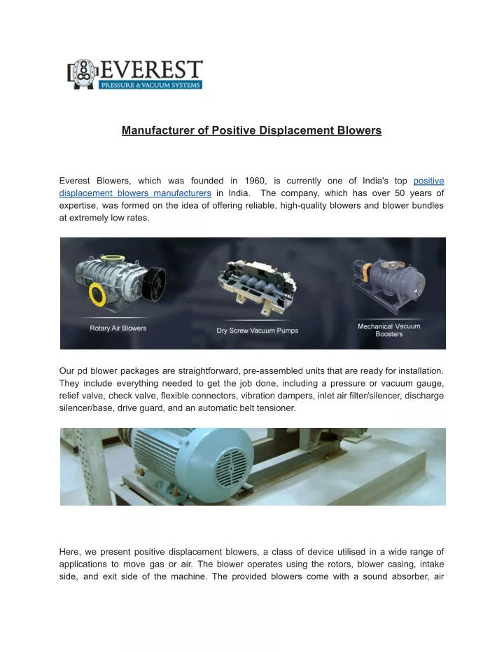 manufacturer of positive displacement blowers