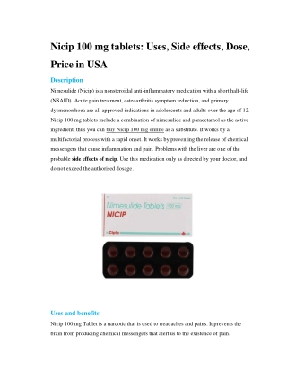 Nicip 100 mg tablets- Uses, Side effects, Dose, Price in USA