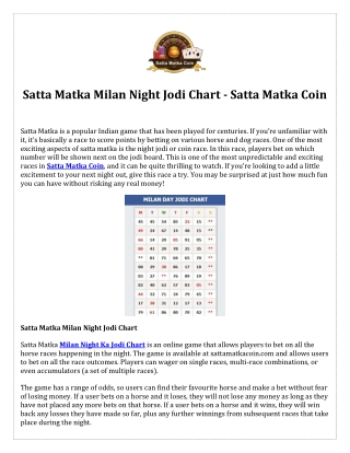 Satta Matka Milan Night Jodi Chart - Satta Matka Coin