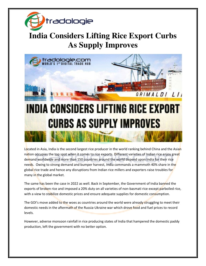 india considers lifting rice export curbs