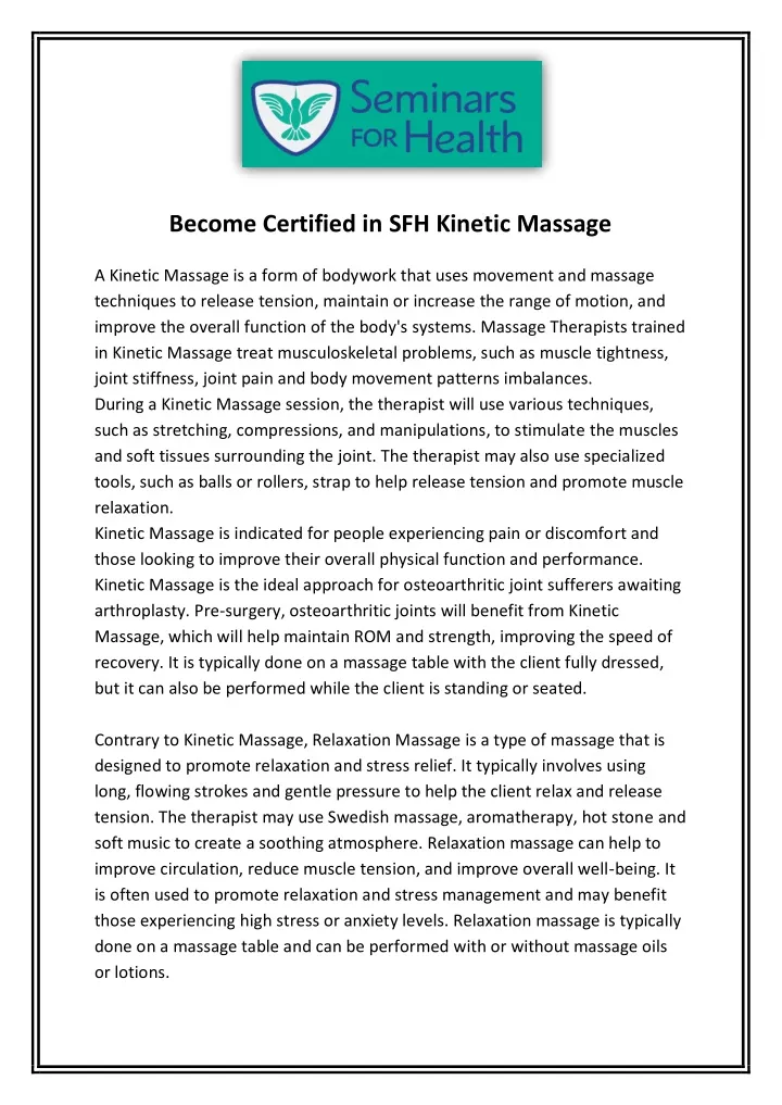 become certified in sfh kinetic massage