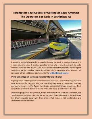 Parameters That Count For Getting An Edge Amongst The Operators For Taxis In Lethbridge AB