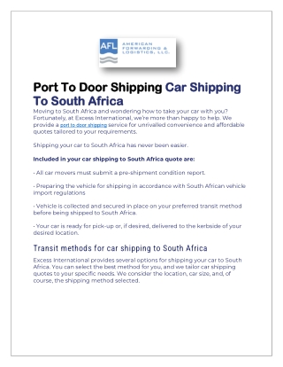 Port To Door Shipping Car Shipping To South Africa