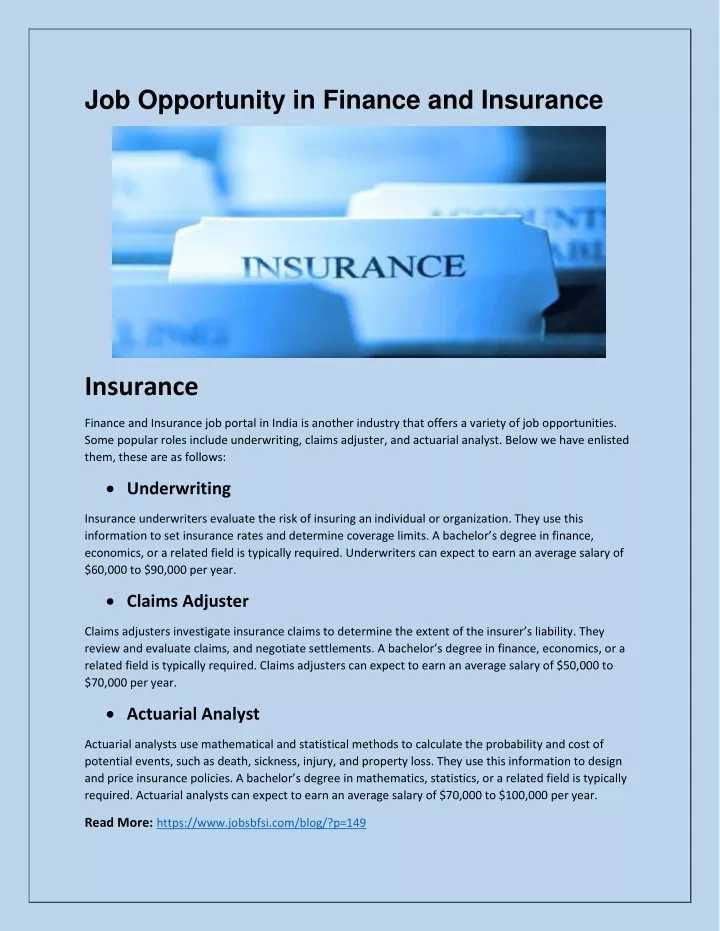 job opportunity in finance and insurance