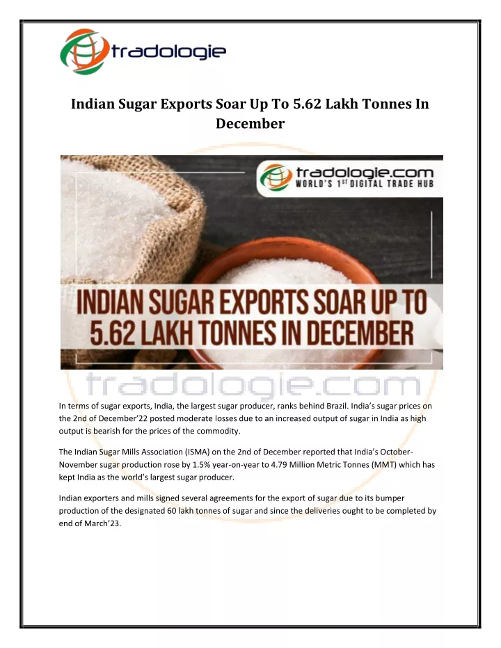 indian sugar exports soar up to 5 62 lakh tonnes