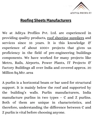 Roofing sheets manufacturers | Aditya Profiles Pvt. Ltd.