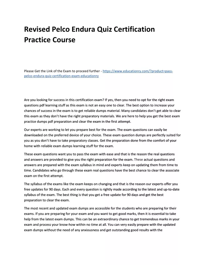 revised pelco endura quiz certification practice