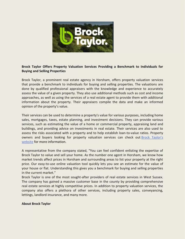 brock taylor offers property valuation services