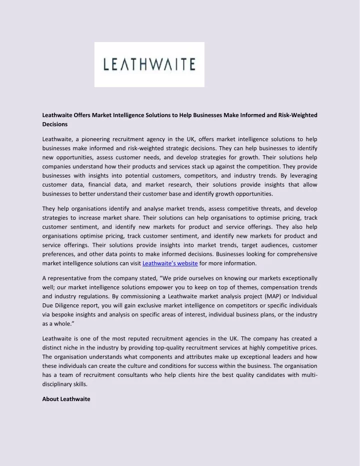 leathwaite offers market intelligence solutions