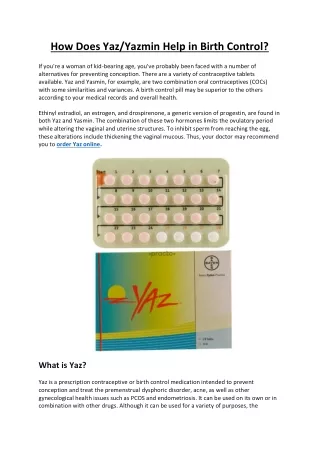 How Does Yaz or Yazmin Help in Birth Control