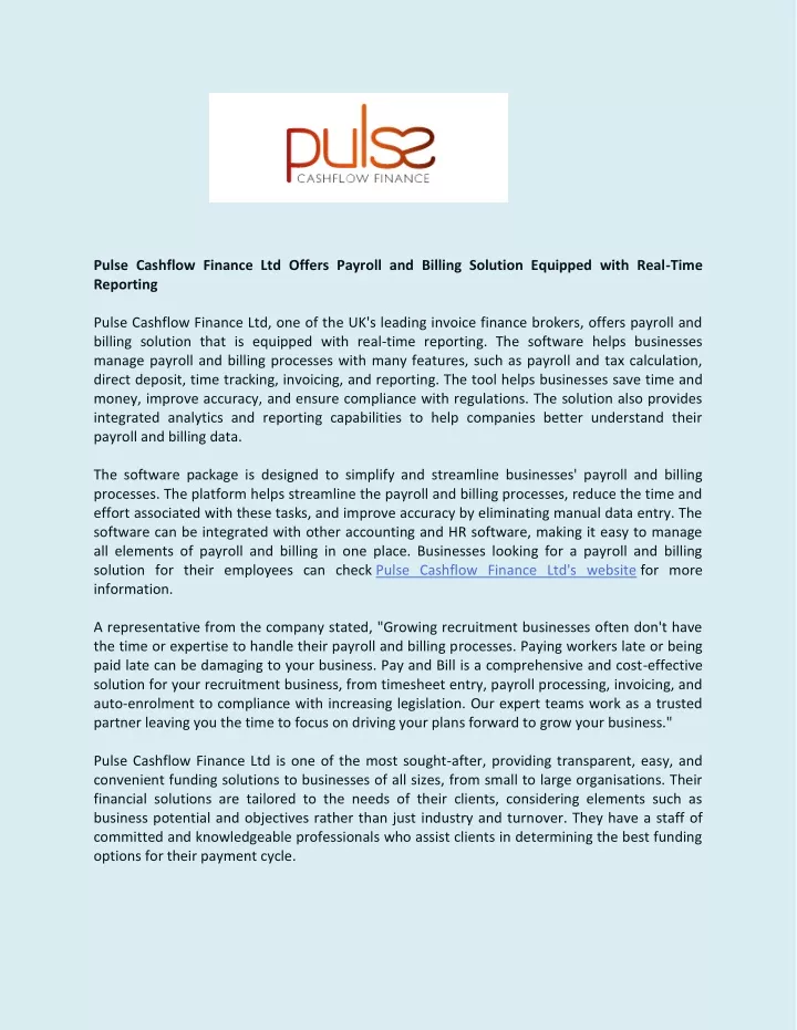 pulse cashflow finance ltd offers payroll