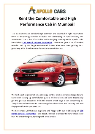 Rent the Comfortable and High Performance Cab in Mumbai