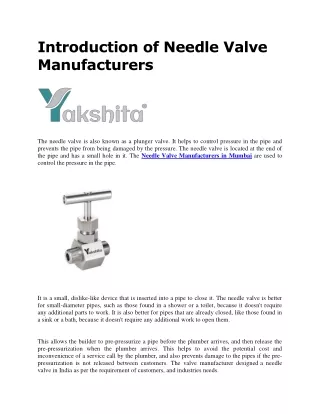 Introduction of Needle Valve Manufacturers