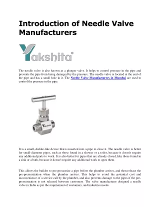 introduction of needle valve manufacturers